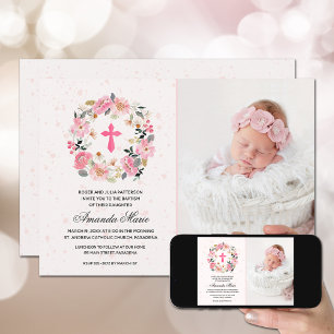 Invitation Fille Baptême Aquarelle rose Floral