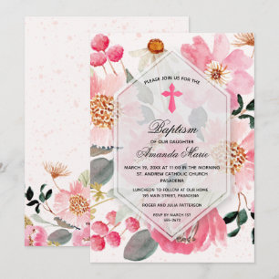 Invitation Fille Baptême Aquarelle rose Floral