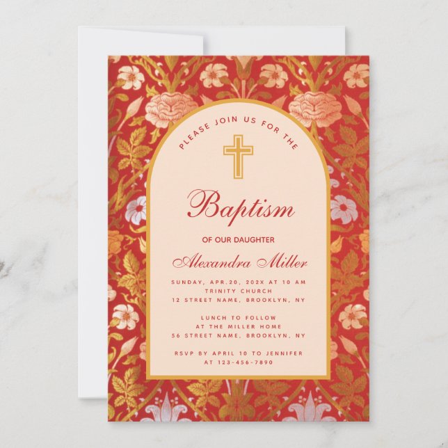 Invitation Fille Baptême Arc Floral Rose Lily Élégant Script (Devant)