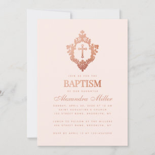 Invitation Fille Baptême Blush Rose Croix d'or en crête