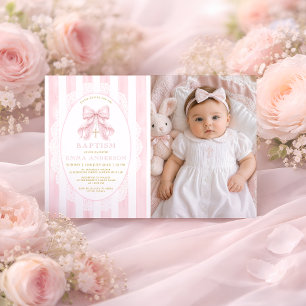 Invitation Fille Baptême Chrétien Photo Ruban Rose