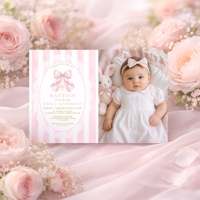 Invitation Fille Baptême Chrétien Photo Ruban Rose (Créateur téléchargé)