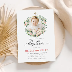 Invitation Fille Baptême Christening Floral Photo