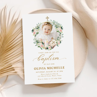 Invitation Fille Baptême Christening Floral Photo