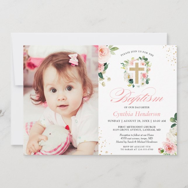 Invitation Fille Baptême Christening Photo Blush Rose Floral (Devant)