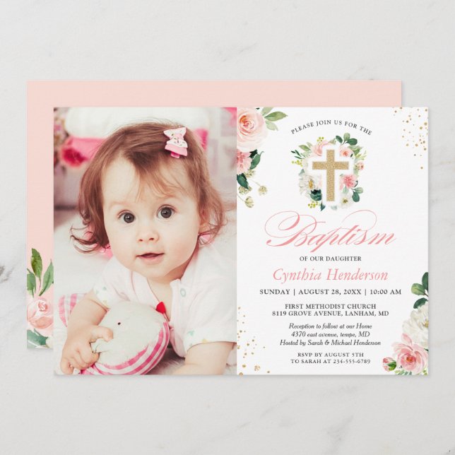 Invitation Fille Baptême Christening Photo Blush Rose Floral (Devant / Derrière)
