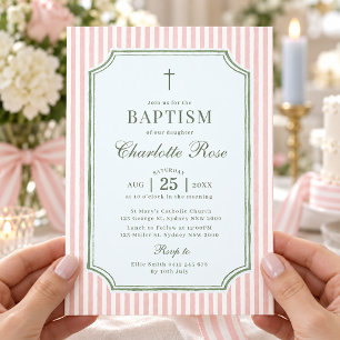 Invitation Fille baptême christening Stripe Vert Sauge Rose