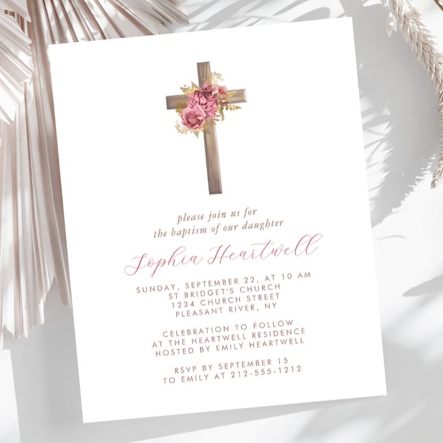 Invitation Fille Baptême Croix Rose Or Floral Budg (Créateur téléchargé)