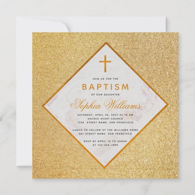 Invitation Fille Baptême Faux Gold Parties scintillant Marbre (Devant)