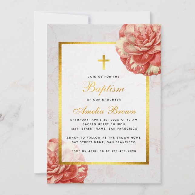Invitation Fille Baptême Floral Rose Camellia Faux Marbre Or (Devant)