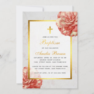 Invitation Fille Baptême Floral Rose Camellia Faux Marbre Or