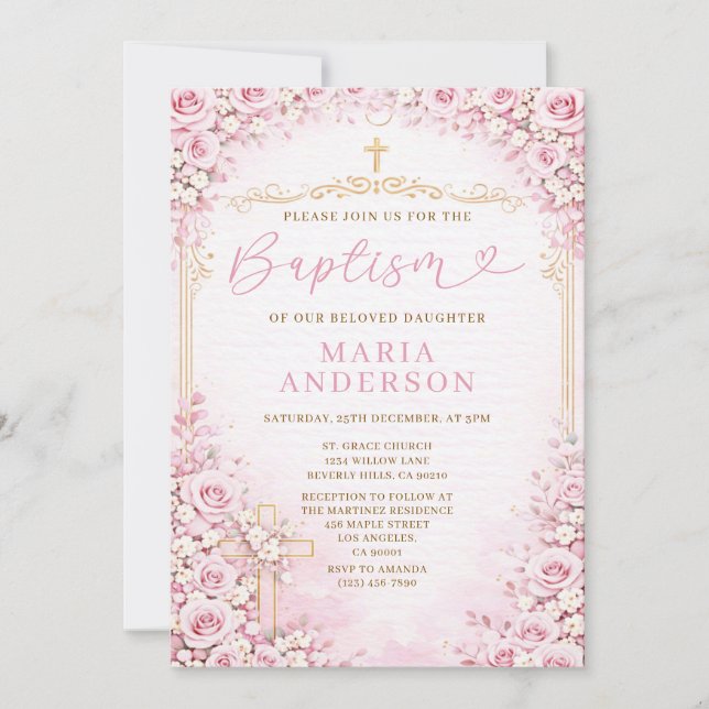 Invitation Fille Baptême Floral Rose Fleur Croix Religion (Devant)