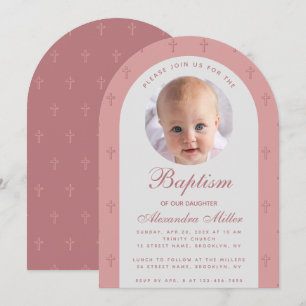 Invitation Fille Baptême Photo Rose Dusty Rose Arc Moderne