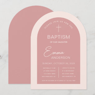 Invitation Fille Baptême rose Arche moderne Script Dusty Rose