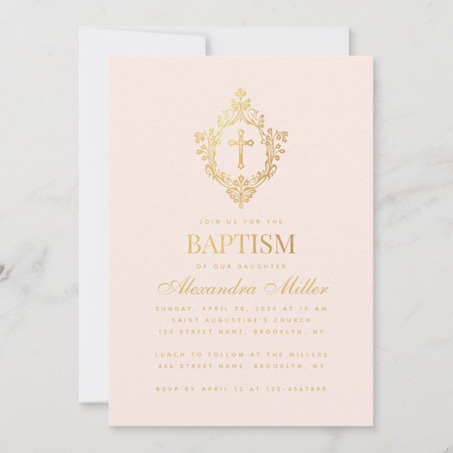 Invitation Fille Baptême rose Faux Croix d'or dans Crest Blus (Devant)