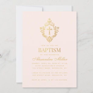 Invitation Fille Baptême rose Faux Croix d'or dans Crest Blus