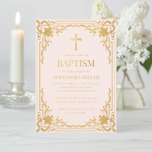 Invitation Fille Baptême Rose Faux Gold Cross Vintage Élégant
