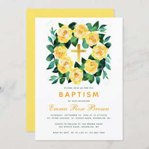 Invitation Fille Baptême Rose Jaune Wreath Faux Gold