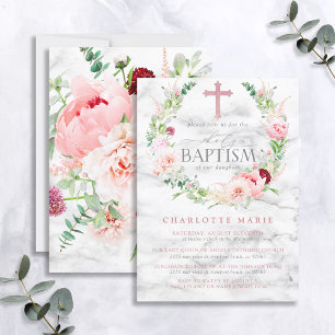 Invitation Fille Baptême rose Roses Croix de marbre élégant