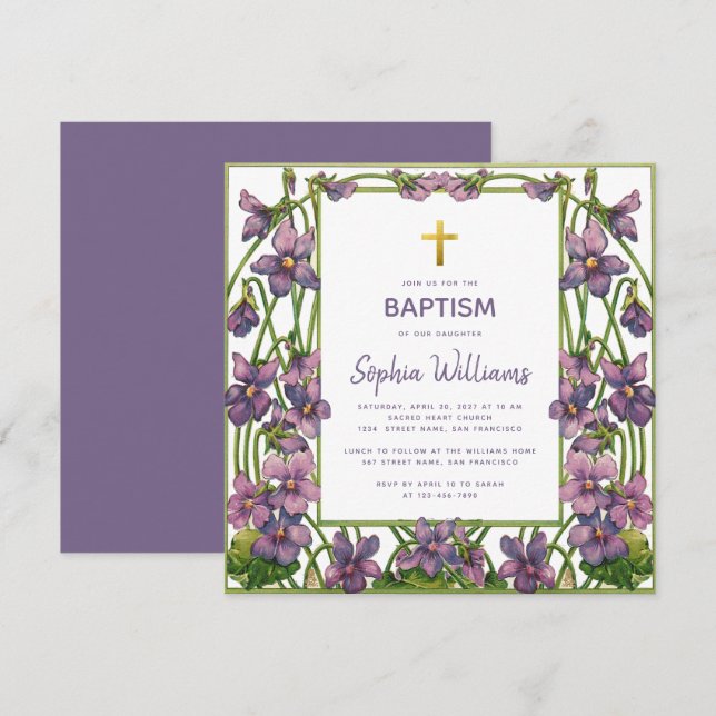 Invitation Fille Baptême Violet vert violet Croix d'or vert F (Devant / Derrière)