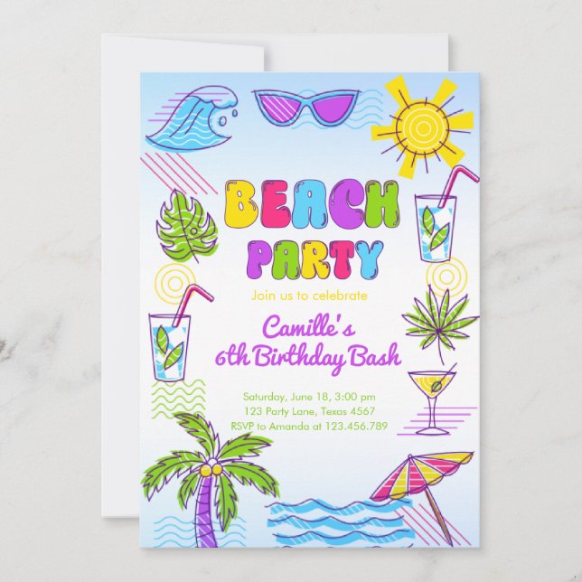 Invitation Fille Beach Party Anniversaire (Devant)