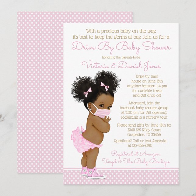 Invitation Fille Bébé Cheveux Afro Avec Masque Pour Une Baby  (Devant / Derrière)