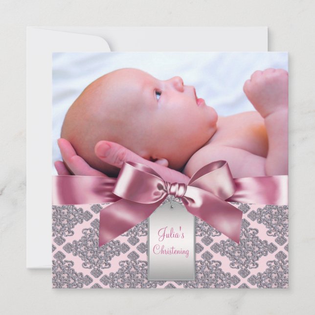 Invitation Fille bébé damas rose photo baptême (Devant)