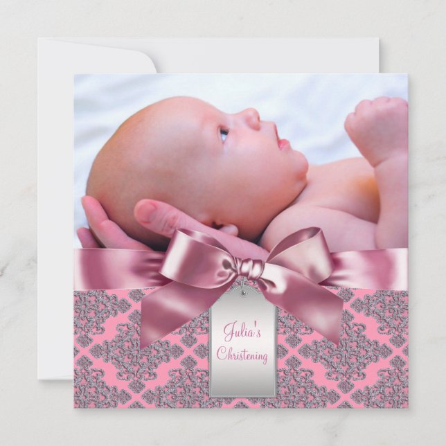 Invitation Fille bébé damas rose photo baptême (Devant)
