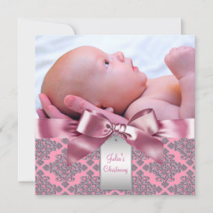 Invitation Fille bébé damas rose photo baptême