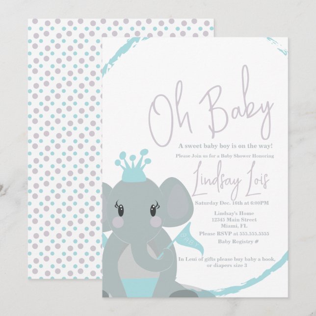 Invitation Fille bébé éléphant  Écriture élégante Baby Shower (Devant / Derrière)