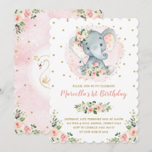 Invitation Fille bébé éléphant Peach Blush Gold 1er anniversa