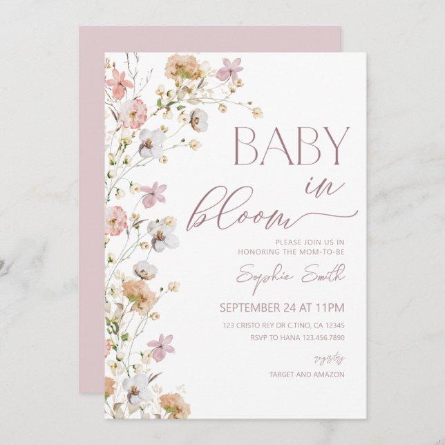 Invitation Fille bébé en fleurs Baby shower Fleur sauvage (Devant / Derrière)