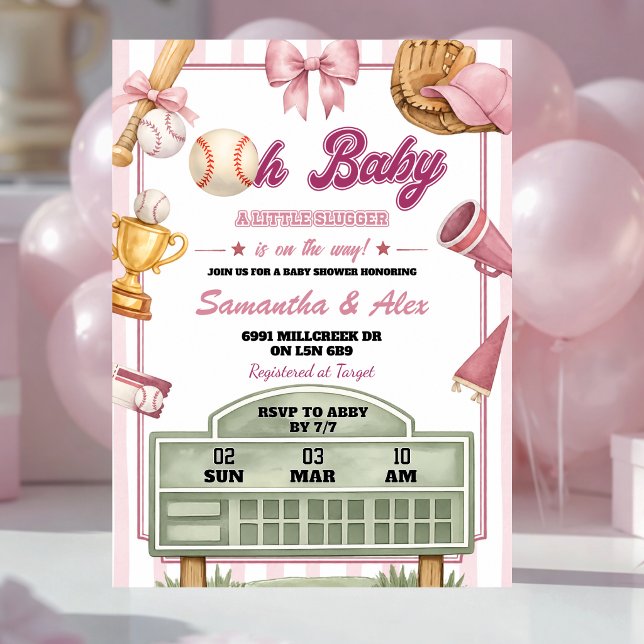 Invitation Fille Bébé Fête de Bébé Baseball Rose Violet (Créateur téléchargé)