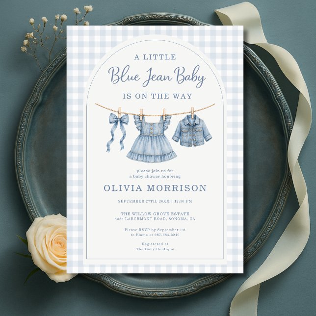 Invitation Fille Bébé Jean Bleu Gingham Baby Shower  (Créateur téléchargé)