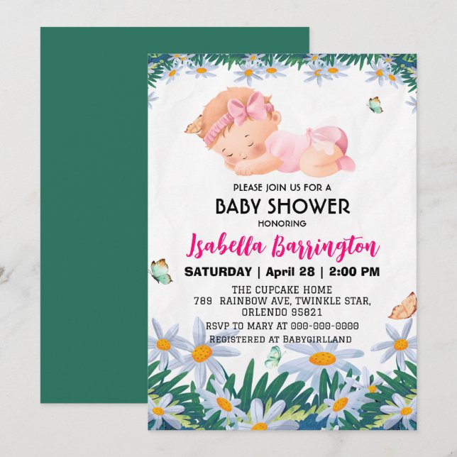 Invitation Fille bébé mignonne rose fleurs de marguerite bébé (Devant / Derrière)