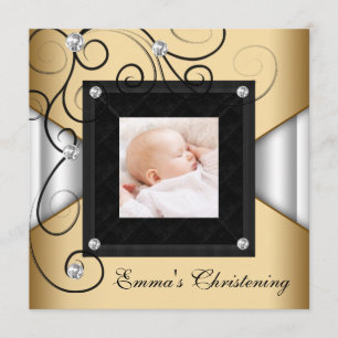 Invitation Fille Bébé Or Noir Blanc Photo Baptême