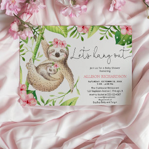 Invitation Fille bébé paresseux rose verdure tropicale shower