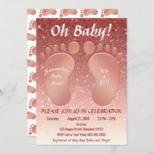 Invitation Fille bébé pieds Rose or Parties scintillant Ombre
