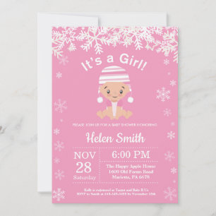 Invitation Fille Bébé Rose Hiver Flocon de Neige