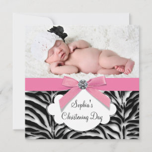 Invitation Fille bébé Zèbre Rose Photo Christening