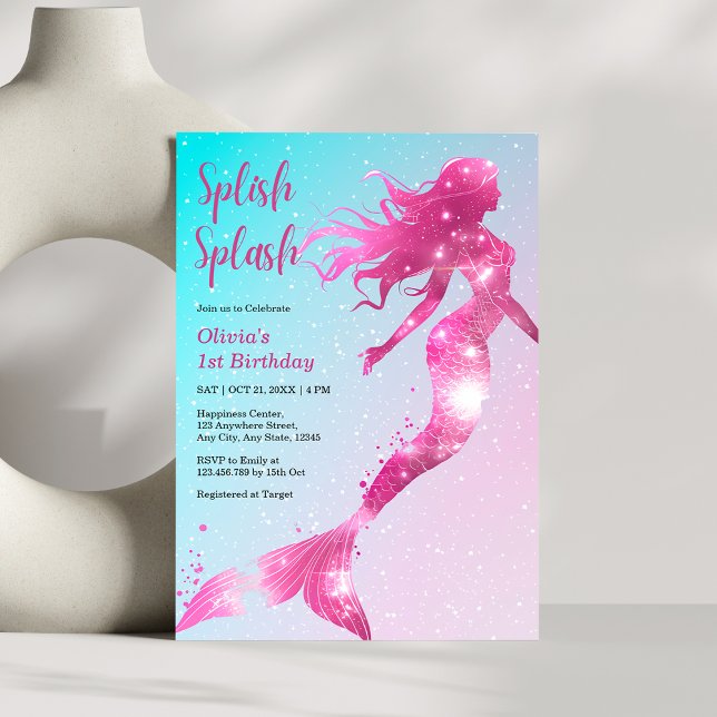 Invitation Fille Bébée de Sirène Splish Splash 1er anniversai (Splish Splash Mermaid Baby Girl 1st Birthday Invitation )