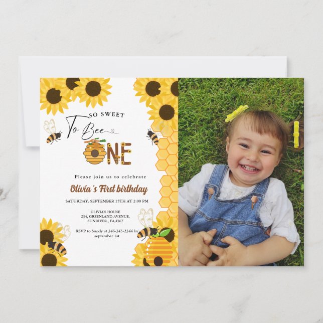 Invitation Fille Bee jour miel jaune abeille premier annivers (Devant)