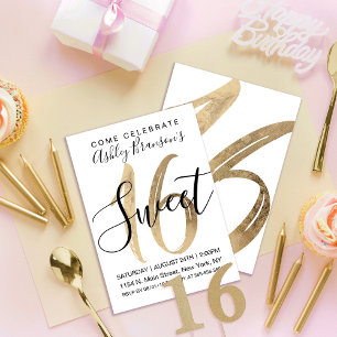 Invitation Fille Blanc Faux Gold Foil Sweet 16