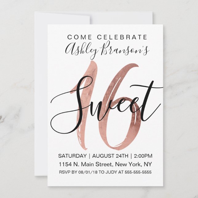 Invitation Fille Blanc Faux Rose Gold Foil Moderne Sweet 16 (Devant)