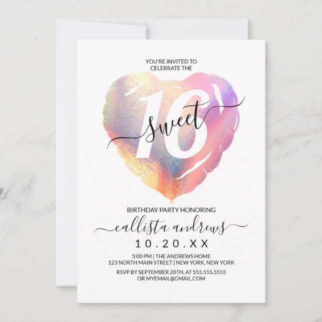 Invitation Fille Blanc Iridescente Foil Coeur Balloon Sweet 1 (Devant)