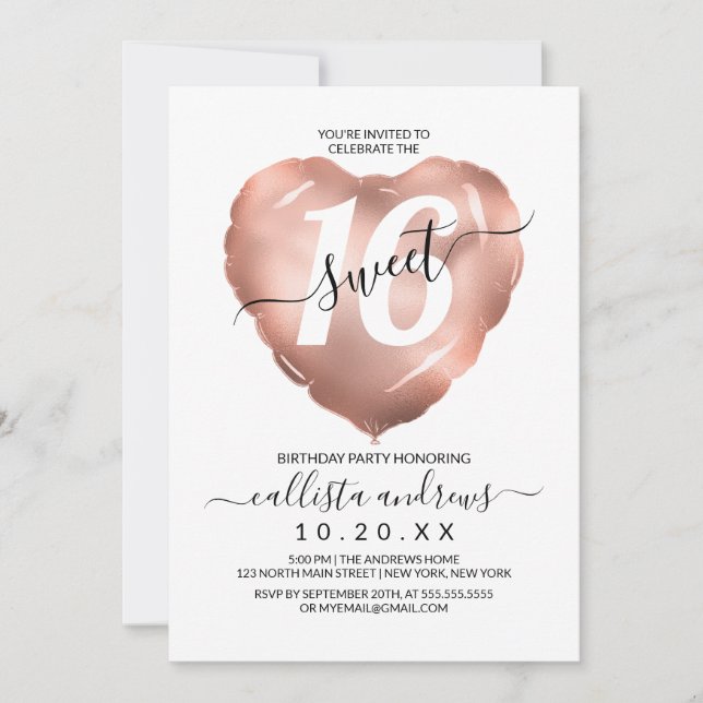 Invitation Fille Blanc Rose Or Foil Coeur Balloon Sweet 16 (Devant)