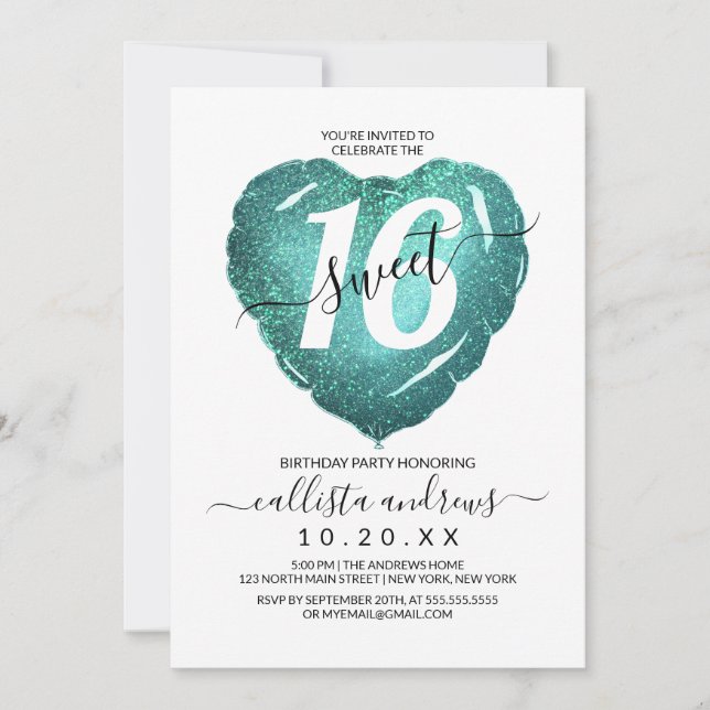Invitation Fille Blanc Turquoise Parties scintillant Coeur Ba (Devant)