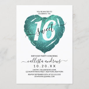 Invitation Fille Blanc Turquoise Parties scintillant Coeur Ba