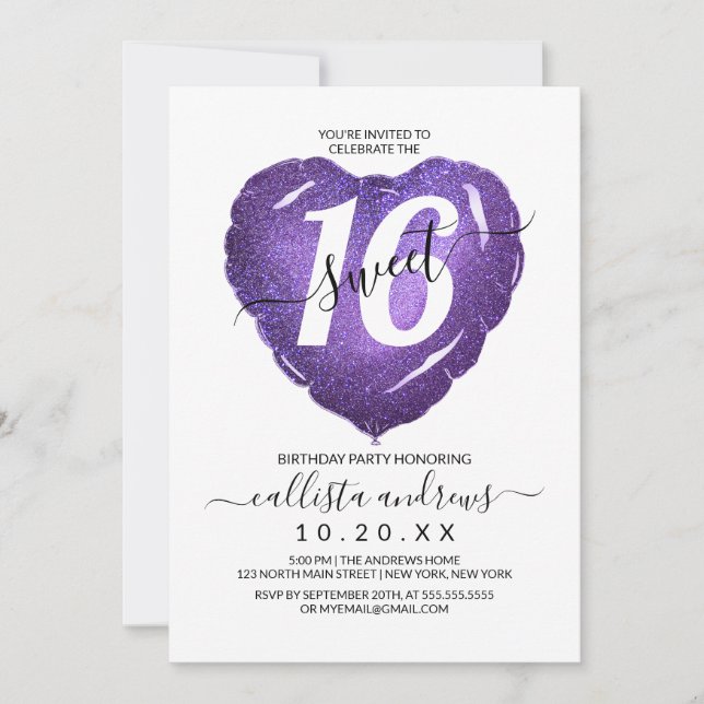 Invitation Fille Blanc Violet Parties scintillant Coeur Ballo (Devant)