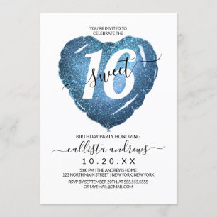 Invitation Fille Bleu Bleu Parties scintillant Coeur Balloon